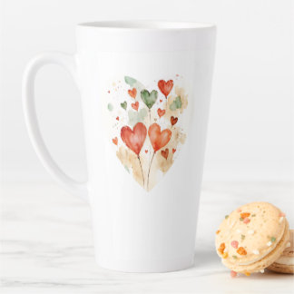 Latte Caneca de Café com Corações de Amor em Aquarela