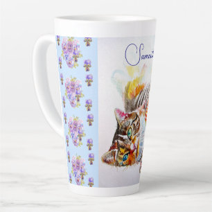 Latte Caneca de Café com Gato Listrado Aguarela Nome de