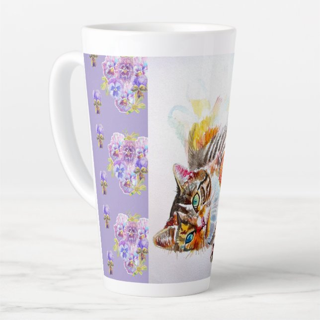Latte Caneca de Café com Gato Tabby Roxo Pintado à Mão (Ângulo esquerdo)