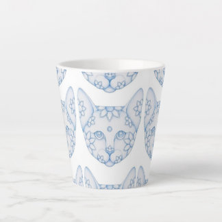 LATTE CANECA DE CAFÉ COM GATOS AZUIS E BRANCOS COM FLORE