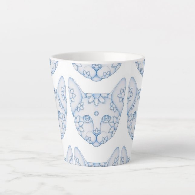 LATTE CANECA DE CAFÉ COM GATOS AZUIS E BRANCOS COM FLORE (Frente)