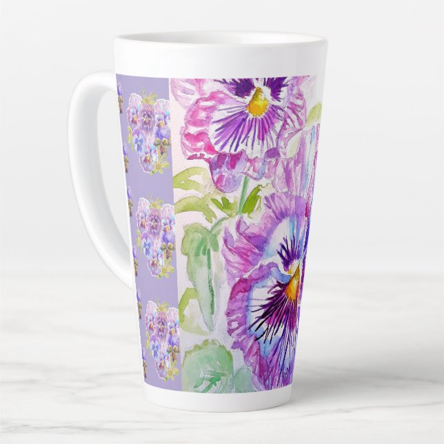 Latte Caneca de Café com Margaridas Roxas Pintadas à Mão (Ângulo esquerdo)