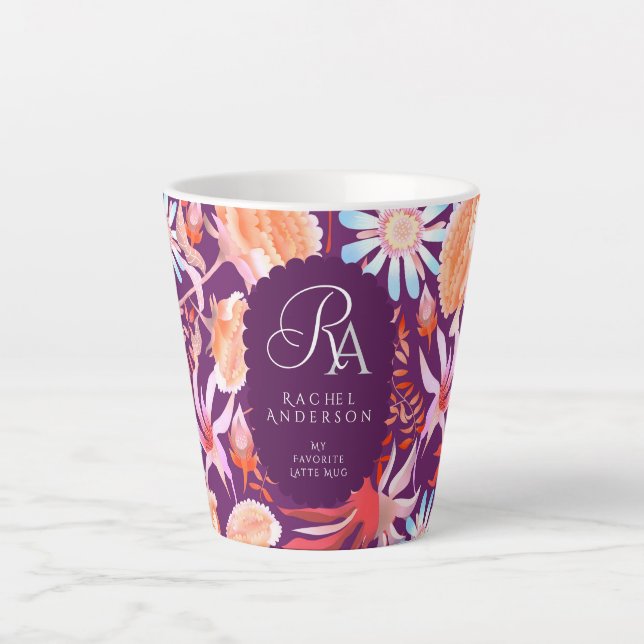 Latte Caneca de Café com Monograma Floral Místico em Flo (Frente)