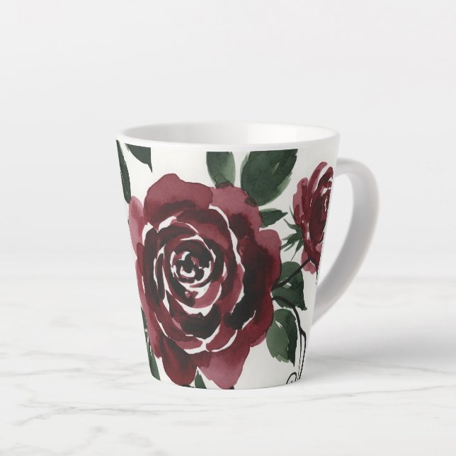 Latte Caneca de Café com Rosas Vermelhas Escuras em Aqua (Ângulo direito)