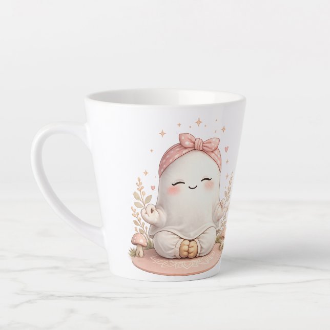 Latte Caneca de Café Fantasma Sorridente Boho com Laço R (Esquerda)