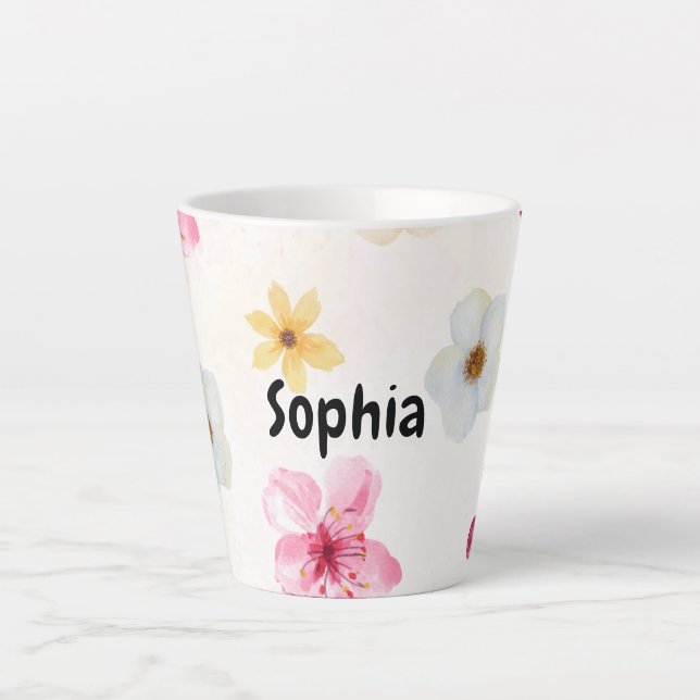 Latte Caneca de Café Personalizada com Flores em Aquarel (Frente)