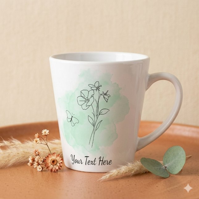 Latte Caneca de Café Personalizada Moderna Verde Aquarel (Modern minimal style coffee mug with green watercolor splash, line art, and a customizable text)