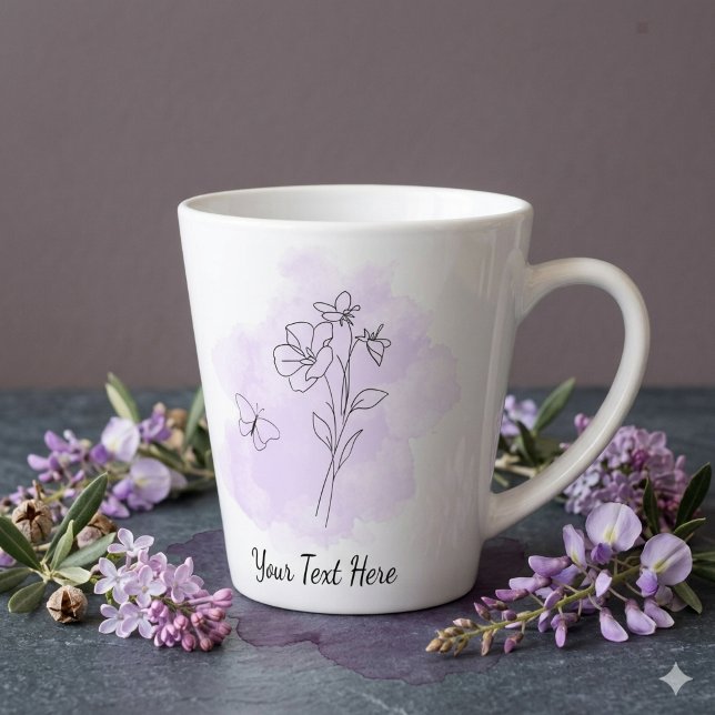 Latte Caneca de Café Personalizada Moderno Roxo Aquarela (Modern minimal style coffee mug with purple watercolor splash, line art, and a customizable text)