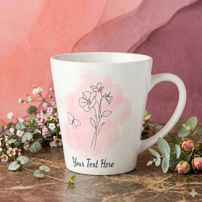 Latte Caneca de Café Personalizada Rosa Moderno Aquarela (Modern minimal style coffee mug with pink watercolor splash, line art, and a customizable text)