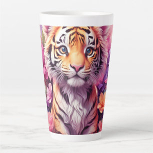 Latte Caneca Tigre Floral - Caneca de Café Tigre Rosa -