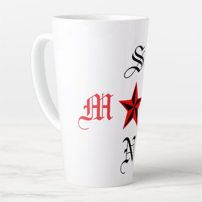 Latte Desenho Elegante de Caneca de Café com Monograma E (Ângulo esquerdo)