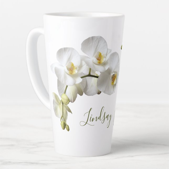 Latte Modelo de nome de orquídeas brancas Caneca de café (Ângulo esquerdo)
