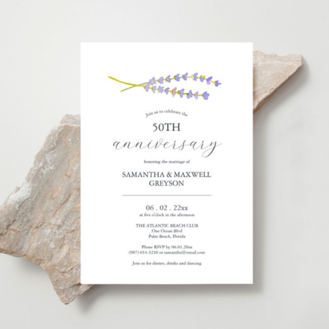 lavanda de Convites de Aniversário do 50º Casament (50th wedding anniversary invitations minimalistic lavender watercolor art by Victoria Grigaliunas)