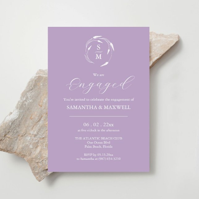 Lavanda de Designs de Convite de Noivado Moderno (Engagement invitations monogram minimalistic lavender line art by Victoria Grigaliunas )