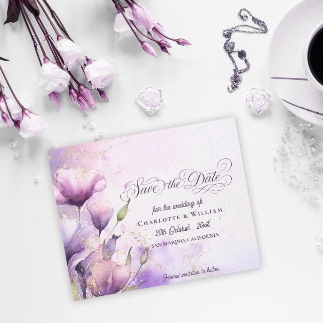 Lavanda Dourada Floral Casamento Salve a Data (Lavender Gold Floral Wedding Save the Date)