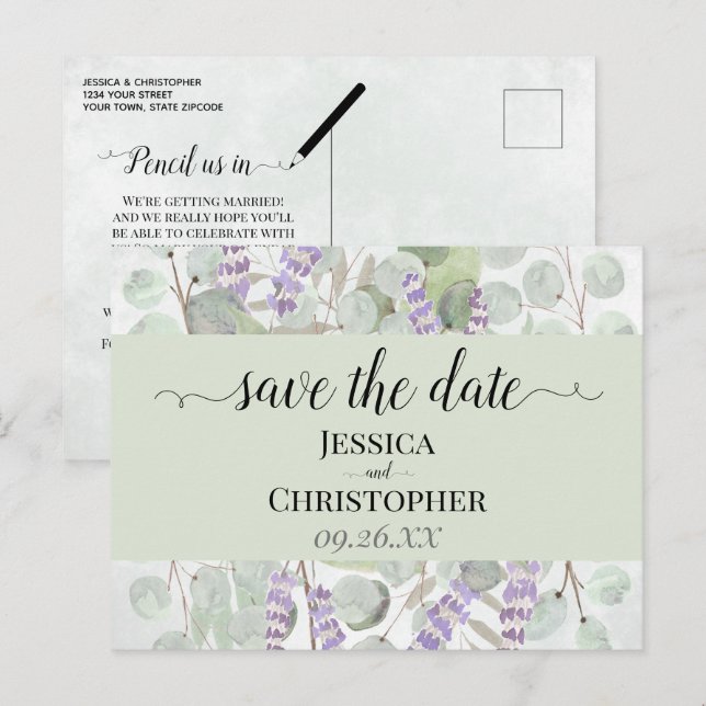 Lavanda e Eucalipto Convite de Noivado Verde para  (Frente/Verso)