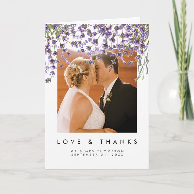 lavanda floral cartão com fotos de amor e obrigado (Frente)