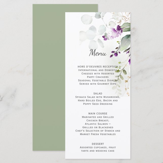 Lavanda Floral Weding Menu Verde Traseira (Frente/Verso)