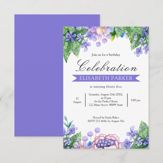 Lavanda Flores de Aquarela Convite de Aniversário (Frente/Verso)