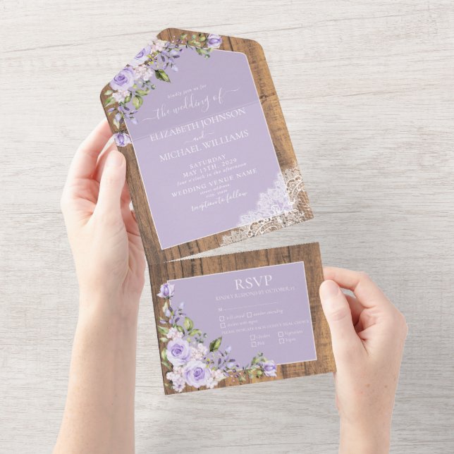 Lavanda Lilac Rustic Wood Lace Casamento Al (Aba destacável)
