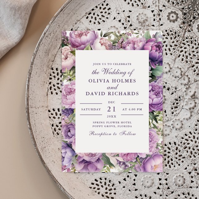 Lavanda Lilac rustica e Convite para Casamento de  (Rustic Lilac Lavender and Peony Wedding Invitation on a neutral boho plate.)
