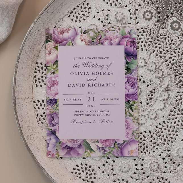 Lavanda Lilac rustica e Convite para Casamento de  (Rustic Lilac Lavender and Peony Wedding Invitation on beautiful neutral boho plate.)
