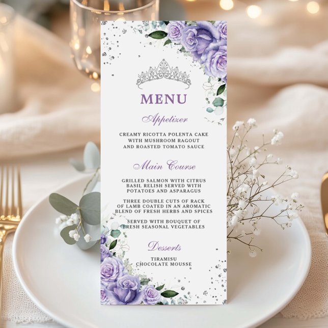 Lavanda Lilás Roxo Quinceañera XV Menu (purple-lilac-lavender-roses-flowers-floral-silver-crown-quinceanera-quince-xv-15-sweet-16-menu-card)
