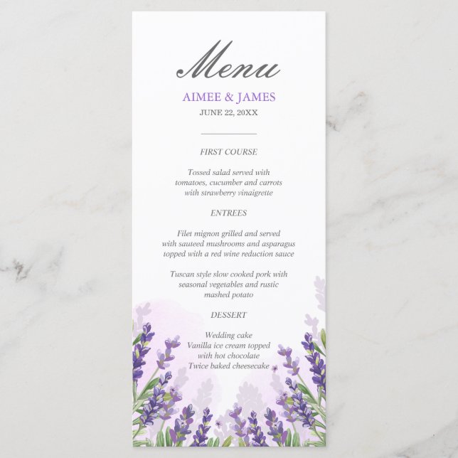Lavanda Menu Casamento Elegante Purple Floral Sonh (Frente)