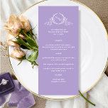 Lavanda Roxo Elegante Monograma Menu Casamento<br><div class="desc">Aprecie seus convidados com este belo menu de casamento, apresentando um elegante monograma botânico desenhado à mão com as iniciais do casal em branco sobre uma atraente cor de fundo lavanda-roxa. Fácil de preencher o modelo com seus detalhes e menu e solicitar seus impressões! Capacidade de alterar a "cor de...</div>
