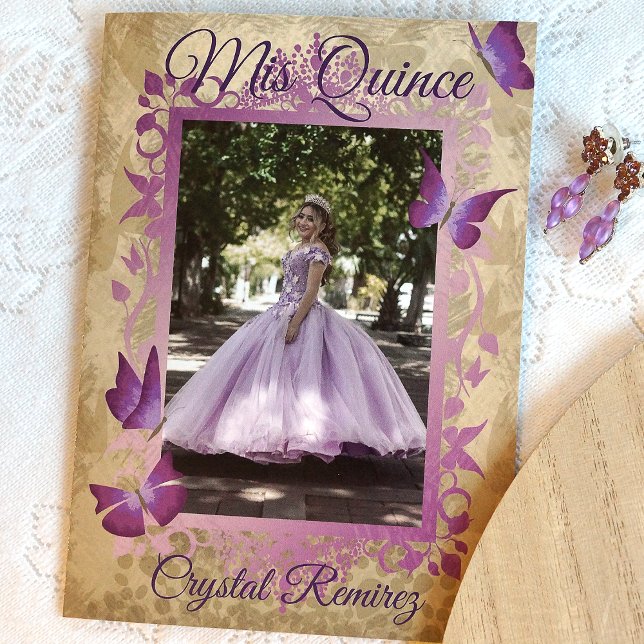 Lavanda Roxo Vintage Quinceanera Convite (ornate, fancy lavender, purple butterfly quinceanera photo invitation)
