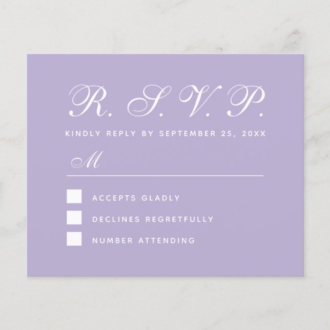 Lavanda RSVP Orçamento Simples Script Purple Card (Frente)