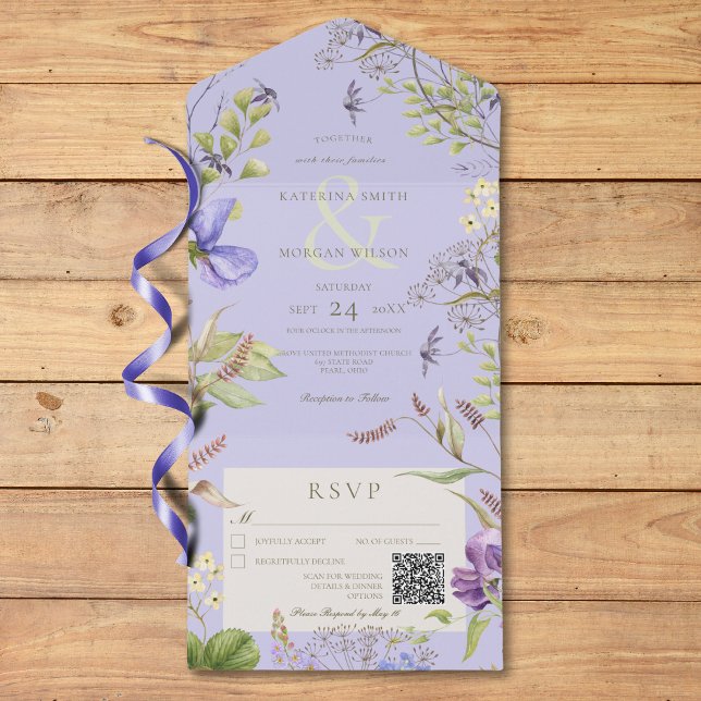 Lavanda russa Flores selvagens Código QR da Lavand (Rustic Lavender Wildflowers Lavender QR Code All In One Invitation)