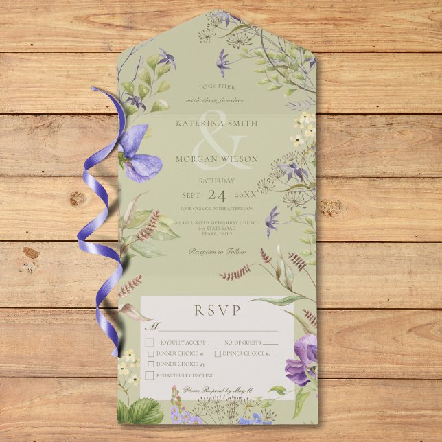 Lavanda russa Flores Selvagens Sage Três Janto (Rustic Lavender Wildflowers Sage Three Dinner All In One Invitation)