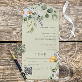 Lavanda Rustic Daisy Floral Sage Green Código QR