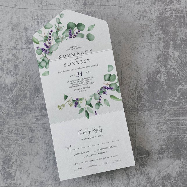 Lavanda rustica e Casamento Eucalyptus (Rustic Lavender and Eucalyptus Wedding All In One Invitation)