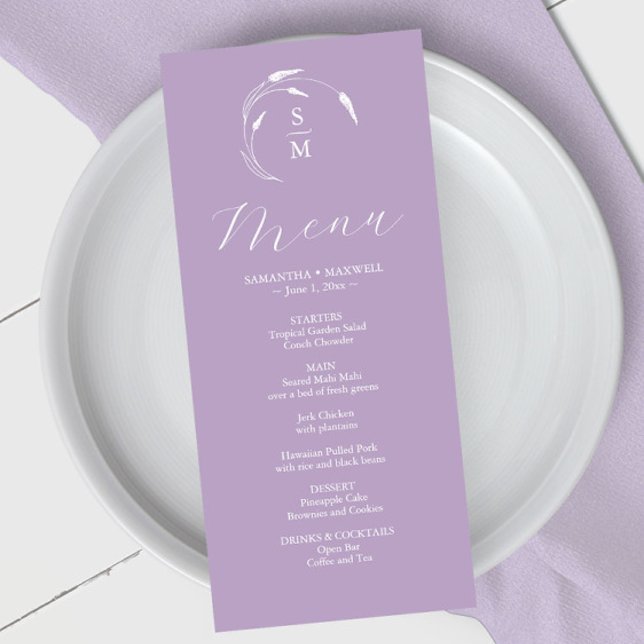 Lavanda Simples Monograma de Menus de Casamento (Wedding menus purple lavender line arty by Victoria Grigaliunas of Do Tell A Belle)
