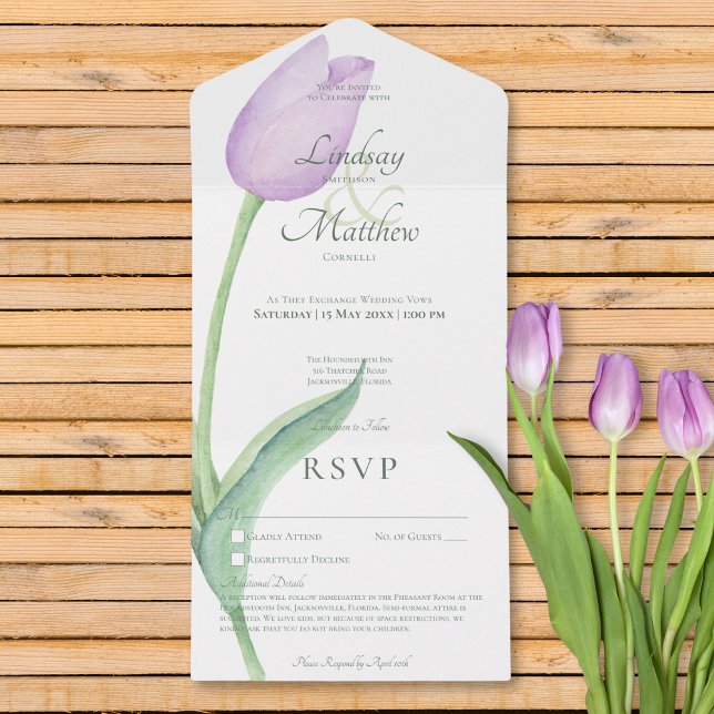 Lavanda Tulip Solo Purple Sem Janto com Detalhes (Lavender Tulip Solo Purple No Dinner with Details All In One Invitation)