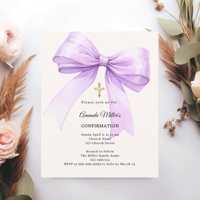 Lavender bow cream girl Confirmation invitation (Criador carregado)