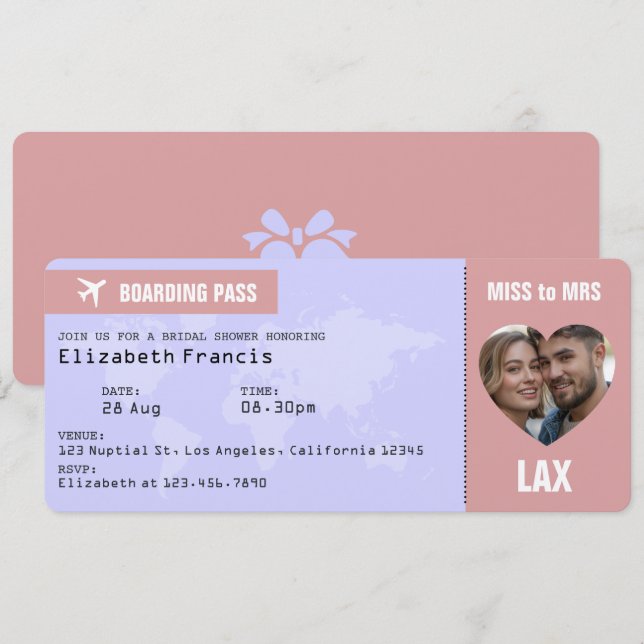 Lavender & Dusty Rose Cartão de Embarque Chá de No (Frente/Verso)