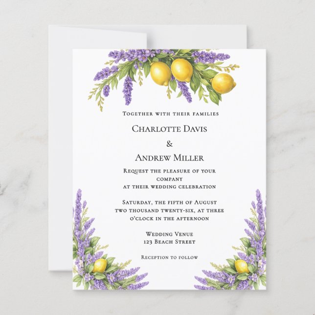 Lavender florals lemons wedding invitation (Frente)