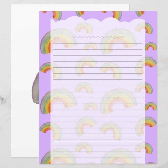 Lavender Kawaii Rainbow Stationery Paper (Frente/Verso)