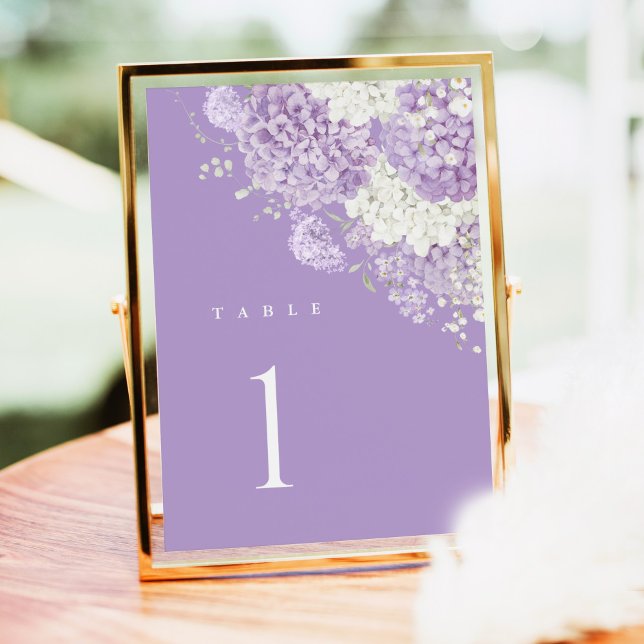 Lavender Wedding Table Numbers, Lilac White Floral (Lavender lilac hydrangea floral table number card with purple background, elegant wedding reception)