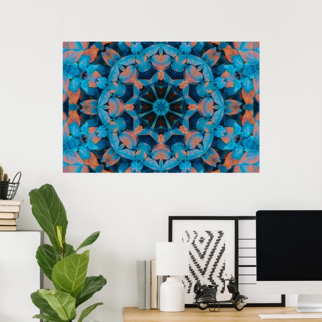 Leaf Kaleidoscope Star em Poster azul e laranja (Escritório em casa)