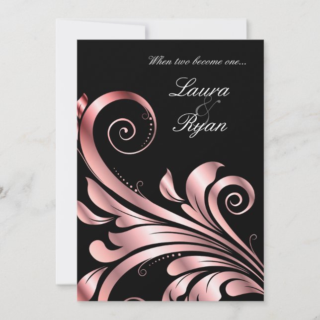 Leaf Swirl Casamento Convite Preto Rosa (Frente)