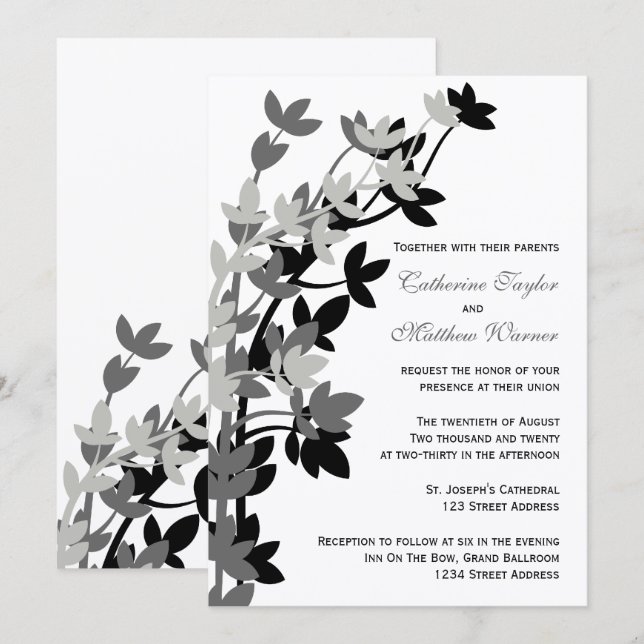 Leafy Elegance No Convite Para Casamento Negro De  (Frente/Verso)