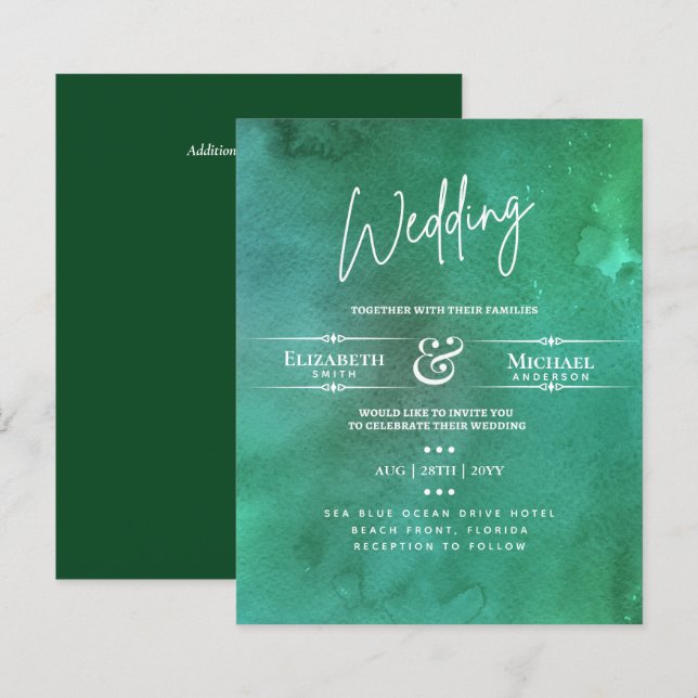 Leah G BUDGET Convite de casamento Emerald Waterco (Frente/Verso)