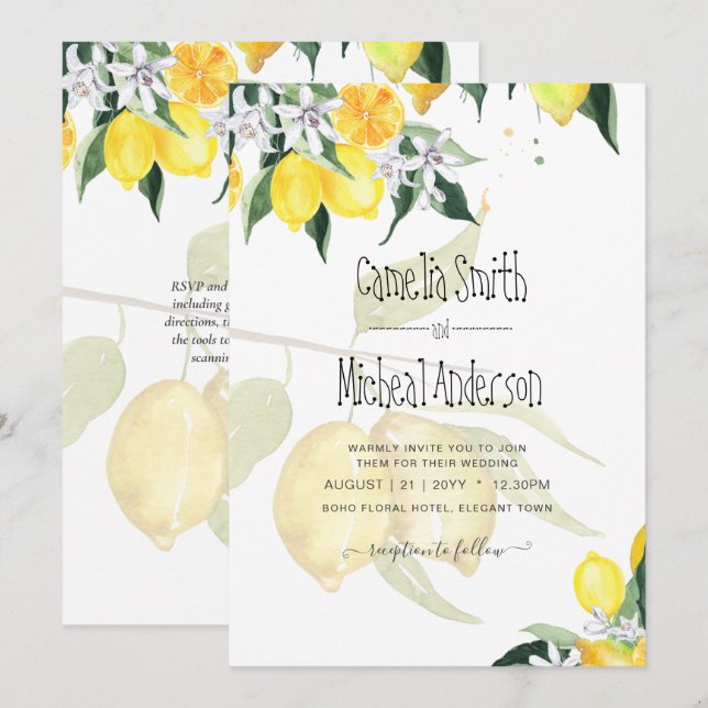 Leah G Citrus Lemons Convite de casamento de orçam (Frente/Verso)
