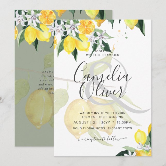 Leah G Citrus Lemons Convite de casamento de orçam (Frente/Verso)