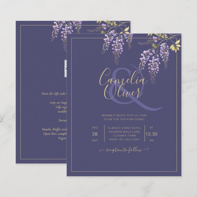 Leah G Dourado Roxo WISTERIA Convite de casamento  (Frente/Verso)