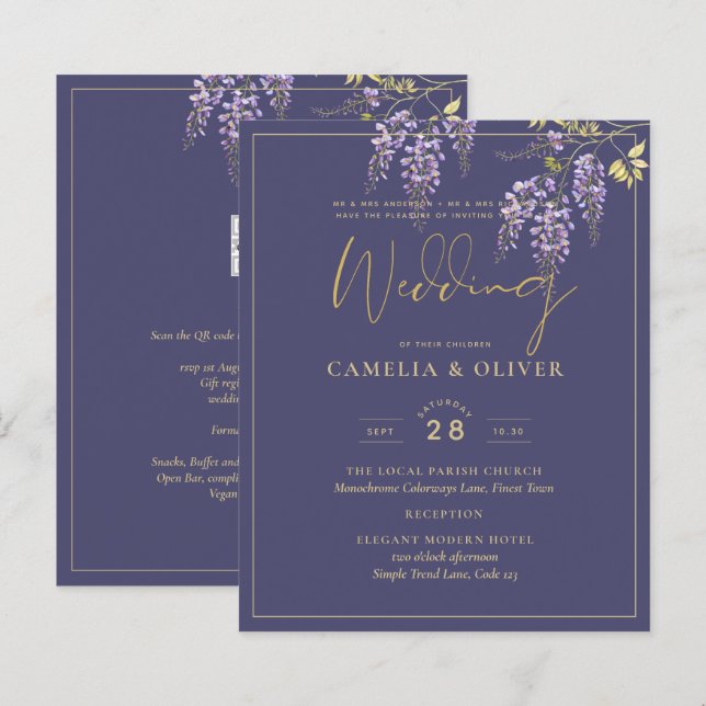 Leah G Dourado Roxo WISTERIA Convite de casamento  (Frente/Verso)